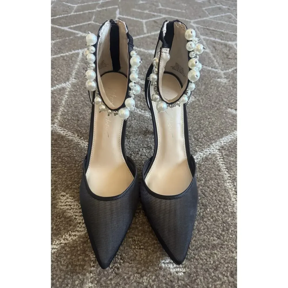 Betsey Johnson SB Ellah Pearl Crystal Embellished Mesh High Heels Pointed Toe 8